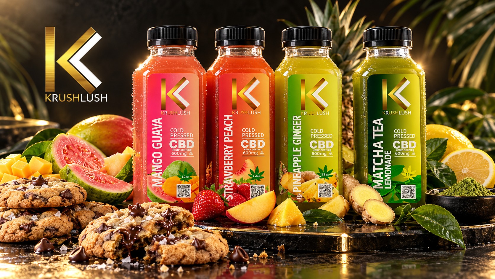 Four colorful Krush Lush botanical beverages surrounded by tropical fruit and cookies