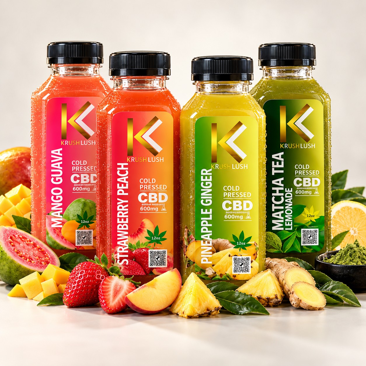 Four Mellow Krush beverage flavors with fresh fruit