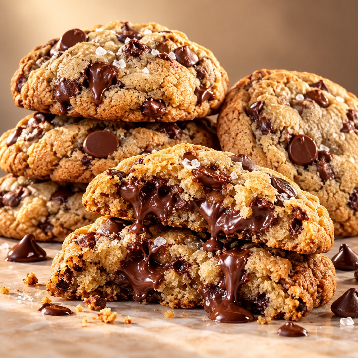 Chocolate chip cookies with melted chocolate and sea salt
